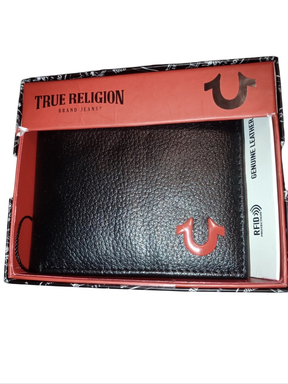 True Religion Black Leather Wallet with Red Horseshoe Logo, Gift Boxed, NWT